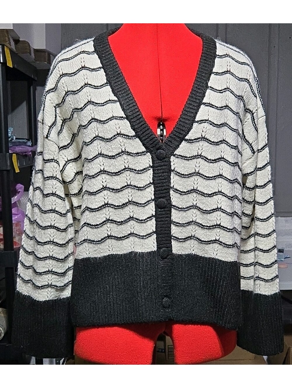 francesca's Women's Black/White Striped Knit V-Neck Button Cardigan Sweater S